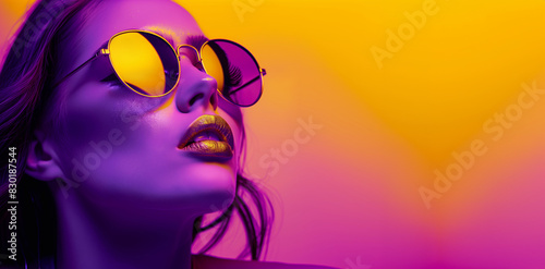 The image captures a side view of a woman with visible sunglasses on a dual-tone pink and yellow background © StockUp