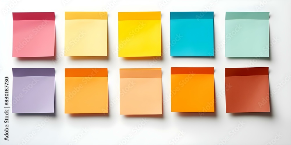 Vibrant Empty Sticky Notes on White Background. Concept Colorful Stationery, Minimalist Design, Office Supplies, Organizational Tools, Visual Aesthetics