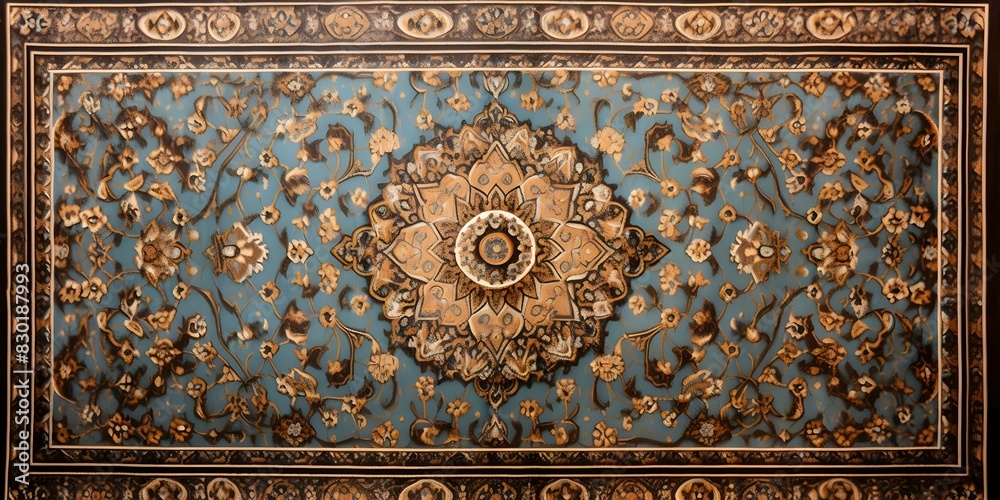 Aerial view of vintage blue and brown Persian rug with intricate design. Concept Persian Rugs, Vintage Decor, Blue & Brown Color Scheme, Intricate Designs, Aerial Photography