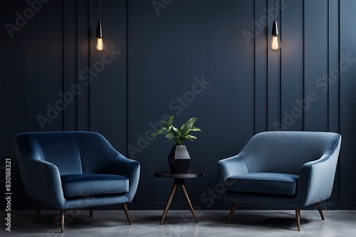 Living room or business lounge in deep dark colors with blue navy and gray furniture, empty wall mockup with black paint and decorative wood, luxury interior design reception room, 3D render   © Land Stock