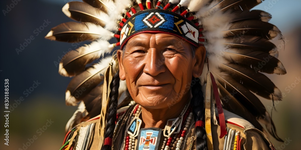 Blackfoot Chief in Traditional Native American Attire Adorned with Feathers. Concept Native American Culture, Traditional Attire, Feathers, Chief Portrait, Blackfoot Tribe