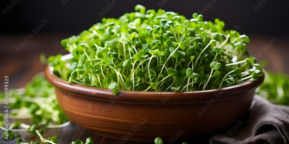 Arrangement of microgreens on wooden board. Concept Food Photography, Culinary Art, Healthy Eating, Fresh Ingredients, Wooden Background