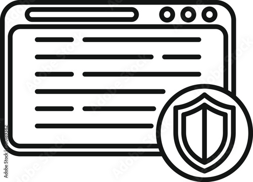 Protected internet browsing shield icon with cybersecurity line art vector illustration for secure web browser connection and digital privacy protection