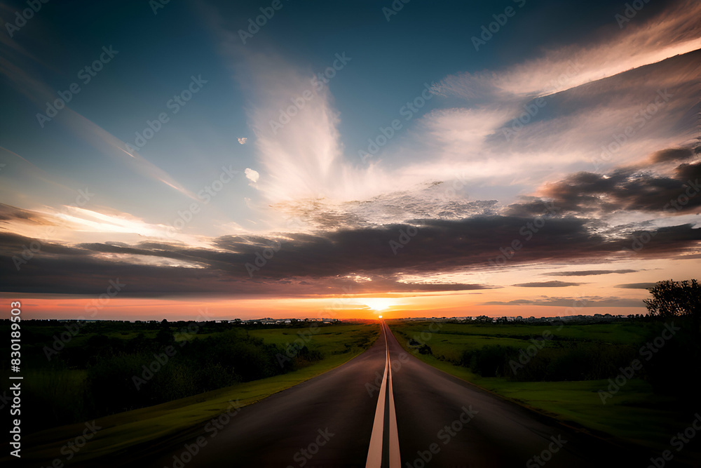  Red heart shaped clouds at sunset. Beautiful landscape with road. Love background with copy space. Road to love