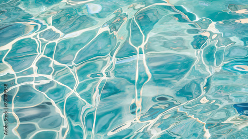 Beautiful turquoise blue ocean water surface with light reflections and highlights. Texture of water close-up macro. 