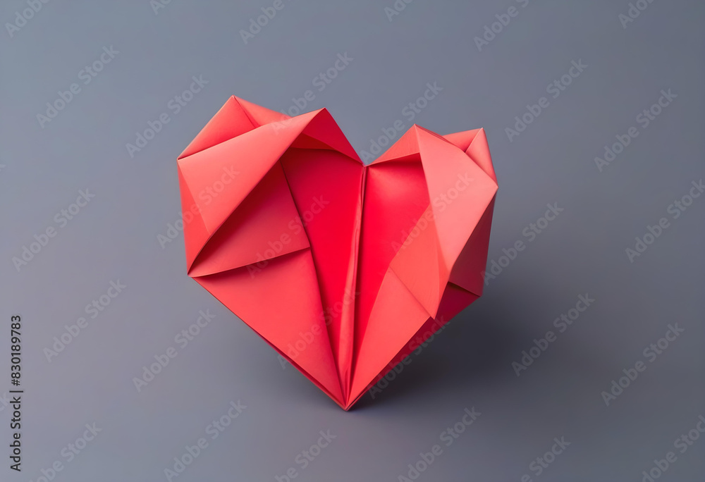 A red paper heart folded into an origami shape against a grey background A red paper heart folded into an origami shape against a grey background