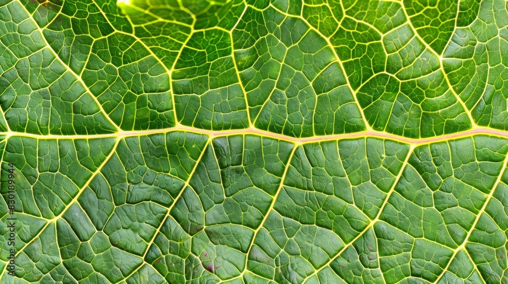 Fototapeta premium A close-up of a green leaf with a yellow line down the middle Two parallel lines, yellow, intersect at its center