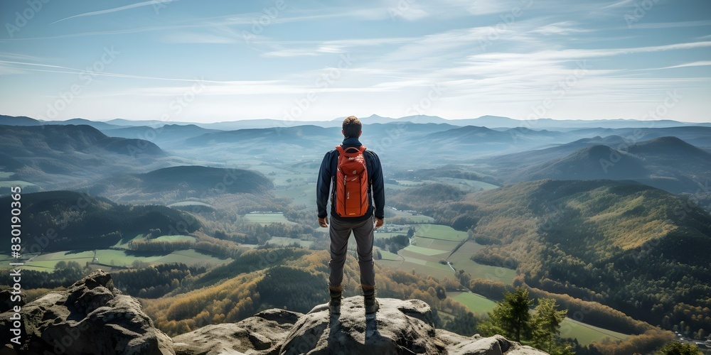 Man on mountain peak gazing into the distance expressing gratitude. Concept Nature, Gratitude, Peace, Mountain Peak, Perspective