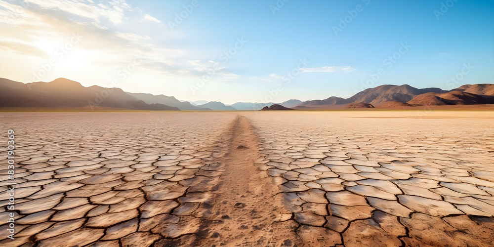 Fototapeta premium Cracked Lake Bed in Desert Surrounded by Mountains: A Stunning Aerial View. Concept Nature, Landscape, Aerial View, Geology, Photography