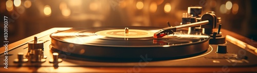 Vintage turntable playing a vinyl record, warm lighting, retro style, photorealistic, nostalgic feel 8K , high-resolution, ultra HD,up32K HD photo