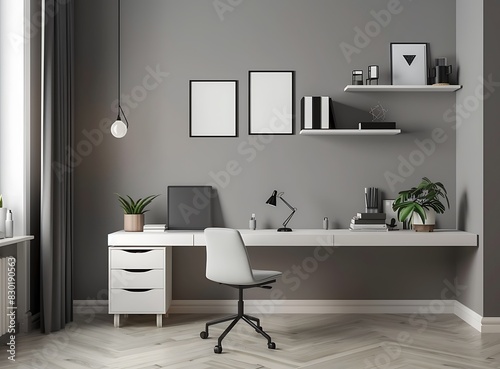 Minimalist home office interior with white desk  grey cabinet and shelf on the wall