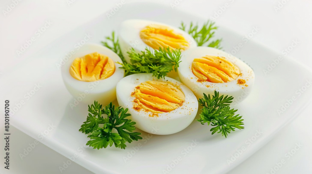 Plate with hard-boiled eggs and parsley, delicious breakfast Plate with hard-boiled eggs and parsley, delicious breakfast