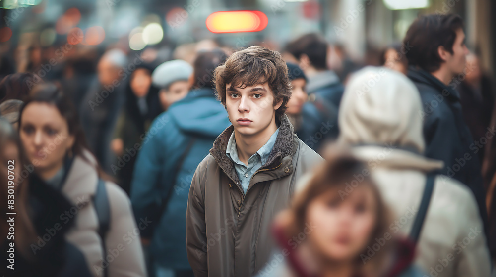 A young man in the middle of a crowd of people, He is in focus standing still while other people move in the city street A young man in the middle of a crowd of people, He is in focus standing still while other people move in the city street