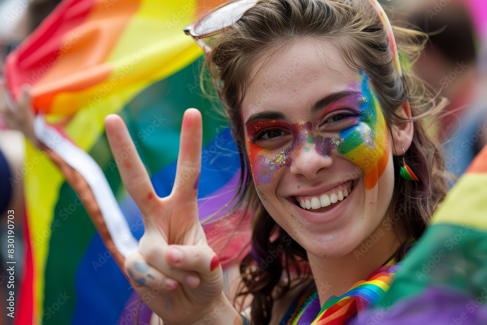A smiling woman with rainbow face paint holds a rainbow flag and makes a peace sign at a pride parade