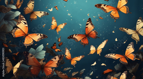 A swarm of monarch butterflies is fluttering in a dark blue background.