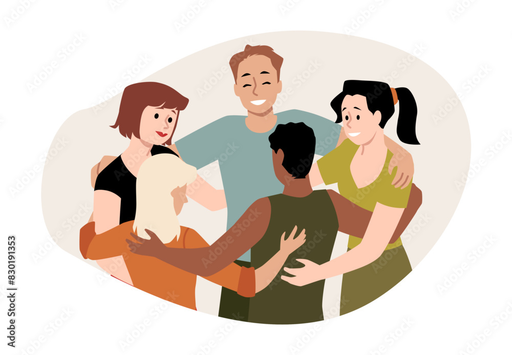 Obraz premium A circle of diverse men and women in a group hug. Close-up.