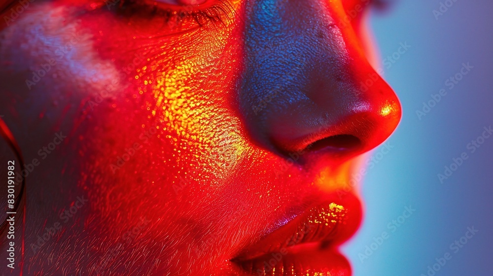 woman's red face skin, highlighted by soft studio lighting