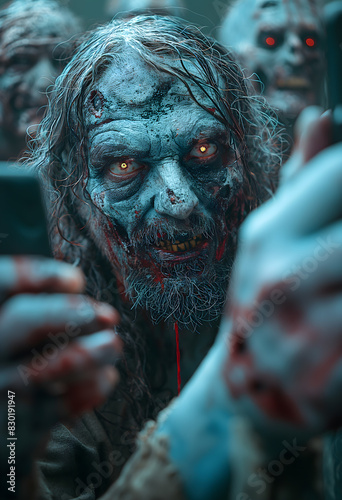 Zombie With Glowing Eyes.  Illustration On The Theme Of Horror And Humor, Cinema And Comics. Generative AI	
