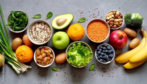 Verschiedenes Obst, Gemüse, Nüsse, Saaten angerichtet, Top View 