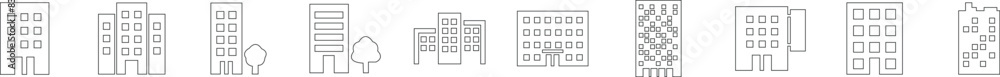 Building icon set containing house, office, bank, school, hotel, shop, university, city, real estate and hospital symbol. Solid line black vector collection isolated on transparent background Building icon set containing house, office, bank, school, hotel, shop, university, city, real estate and hospital symbol. Solid line black vector collection isolated on transparent background