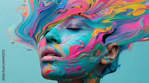 A woman's face with multicolored paint on it. Creative surrealistic design. Illustration for banner, poster, cover, brochure or presentation.