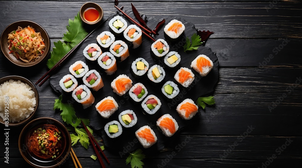sushi rolls with rice and fish, soy sauce On a black wooden background. Top view. Free space for your text. sushi rolls with rice and fish, soy sauce On a black wooden background. Top view. Free space for your text.