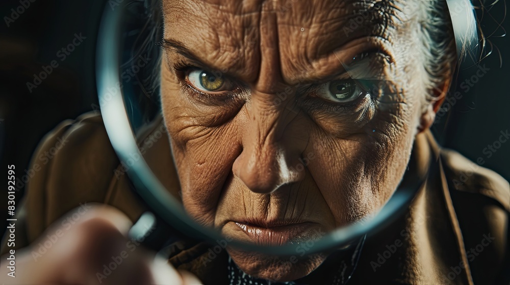 An elderly woman with a magnifying glass to her eyes. A pensioner woman holds a magnifying loupe up to her face and looks angry. The concept of frustration and annoyance. Illustration for design.