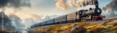 Vintage steam train in the mountains, retro postcard style, muted colors, grainy texture 8K , high-resolution, ultra HD,up32K HD