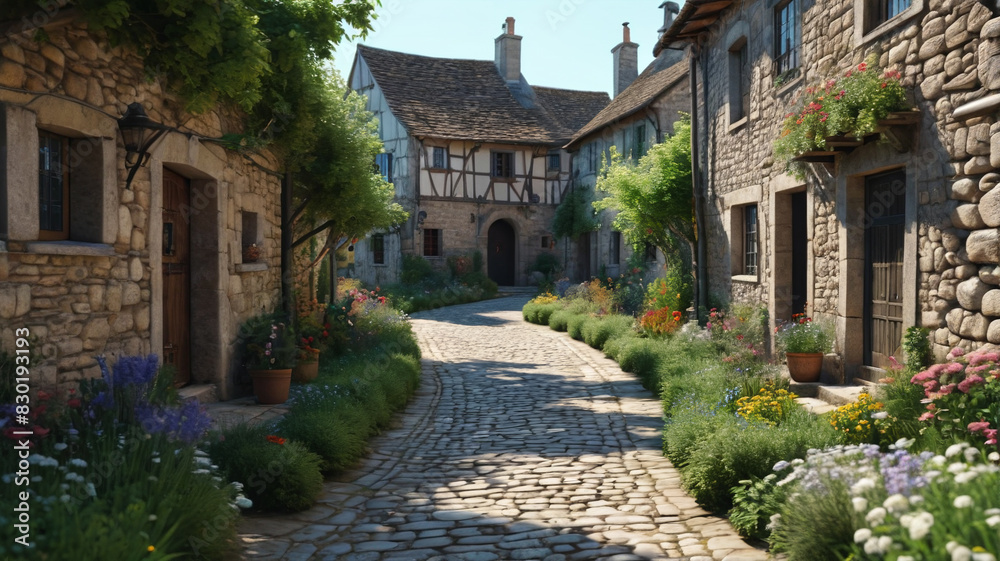 A charming medieval village with cobblestone streets, stone cottages, and lush gardens. Generative AI. A charming medieval village with cobblestone streets, stone cottages, and lush gardens. Generative AI.