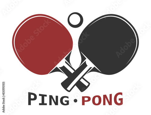 Black and Red Ping-Pong Logo With Crossed Paddles or Rackets and Ball Over Them