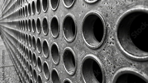  A monochrome image of a metal structure with multiple holes aligned along its side, some holes appearing centrally positioned