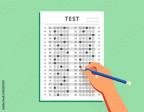 Hand With Blue Pencil Filling out Answers on Exam Test Answer Sheet, Flat Style