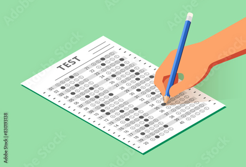 Hand With Blue Pencil Filling out Answers on Exam Test Answer Sheet, Flat Isometric Style