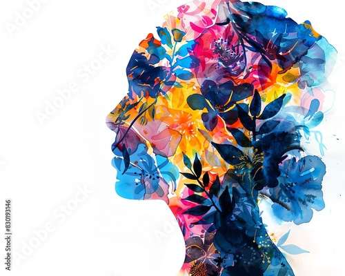 Abstract watercolor painting of a woman's profile with flowers and leaves.