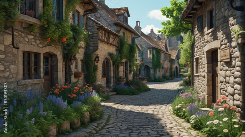 A charming medieval village with cobblestone streets, stone cottages, and lush gardens. Generative AI. © 4K_Heaven
