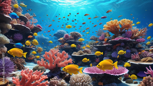 A vibrant coral reef teeming with colorful fish and marine life under crystal clear water. Generative AI. © 4K_Heaven
