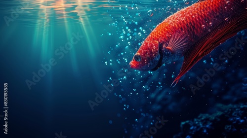  A red fish  tightly framed  swims in clear water with bubble-specked surface Bright light illuminates the depths below