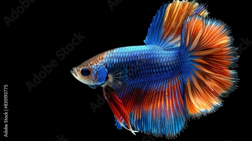  A tight shot of a blue-orange fish against a black backdrop The fish sports a red-white stripe on one side of its head