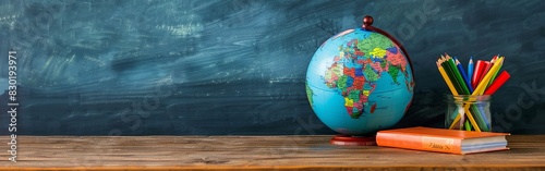 A globe sits beside books and a container of colorful pencils on a wooden desk, with a chalkboard background, symbolizing education and learning. With copy space for text