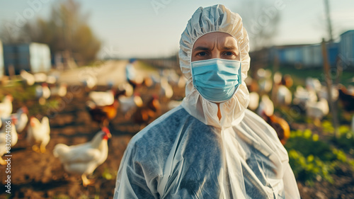 Bird flu virus outbreak, Avian influenza, infectious disease spreading to mammals and humans, sick animals, farmer with chicken