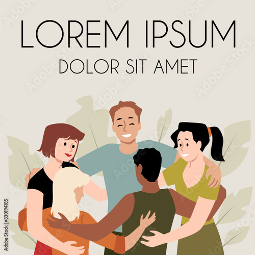 Vector poster depicting group hugs girls and boys hug each other In a flat style
