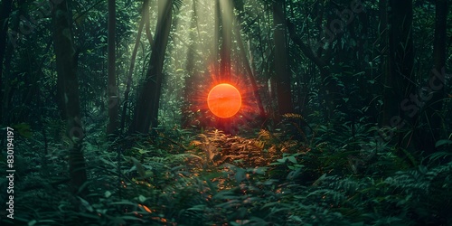 A glowing red shield in a dense forest offers protection and safety. Concept Fantasy Art, Magical Shield, Enchanted Forest, Protection, Safety photo