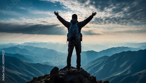 A lone person stands on top of a big mountain with hands towards the sky as to celebrate their achievement