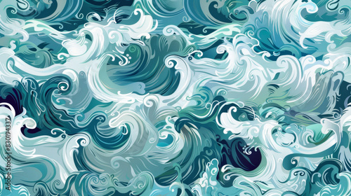 A seamless pattern of swirling ocean waves, with each wave filled with detailed and intricate patterns in shades of blue and white
