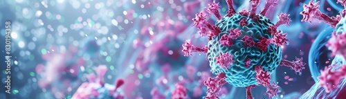 Close-up of a virus structure under a microscope, showcasing detailed blue and pink molecular composition against a light background. photo