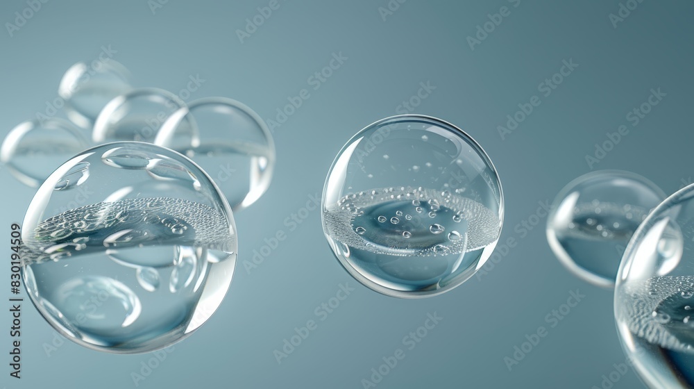 A collection of water bubbles overlapping on a blue-gray backdrop Below, the bubble reflections are mirrored in the bottom half A collection of water bubbles overlapping on a blue-gray backdrop Below, the bubble reflections are mirrored in the bottom half