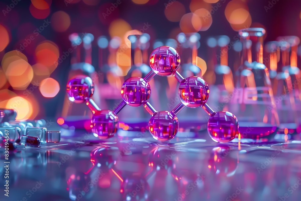 Colorful molecular structure in a chemistry lab with beakers and test ...