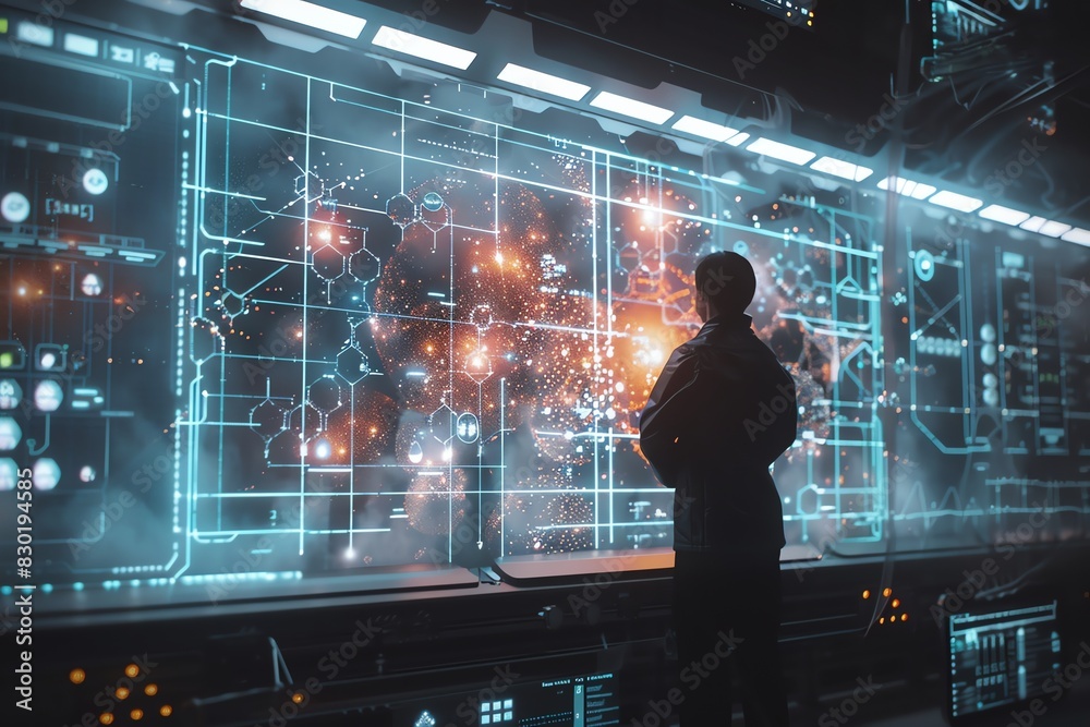 Silhouetted person observing a futuristic digital interface with glowing data and holographic elements on a large screen, sci-fi concept. Silhouetted person observing a futuristic digital interface with glowing data and holographic elements on a large screen, sci-fi concept.