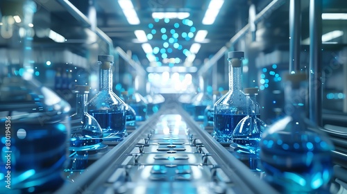 Modern laboratory with blue chemical solutions in glassware on a conveyor belt showcasing advanced scientific technology. photo