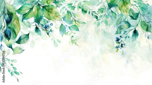 Watercolor border with green hues branch and blue floral elements Ideal for weddings invites cards and wallpapers